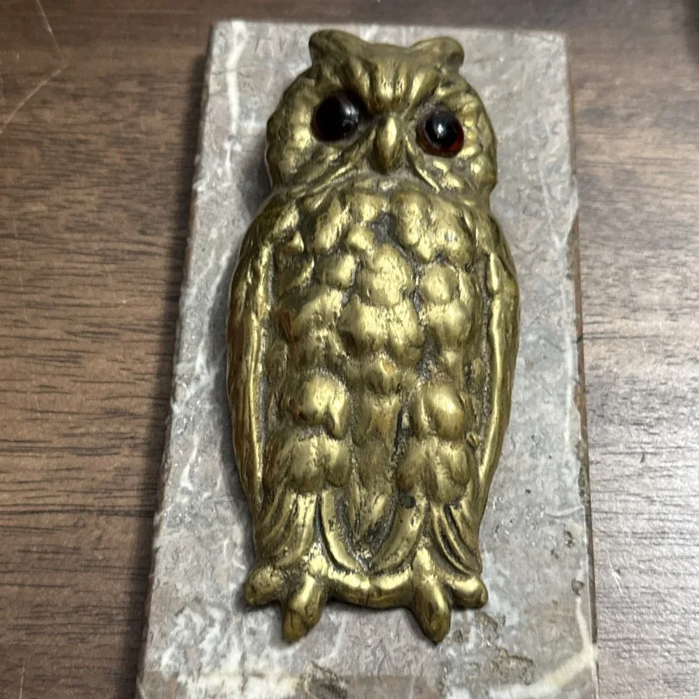 Antique OWL Figural Brass & Marble Desktop Paper Holder Paperclip Vintage Unique